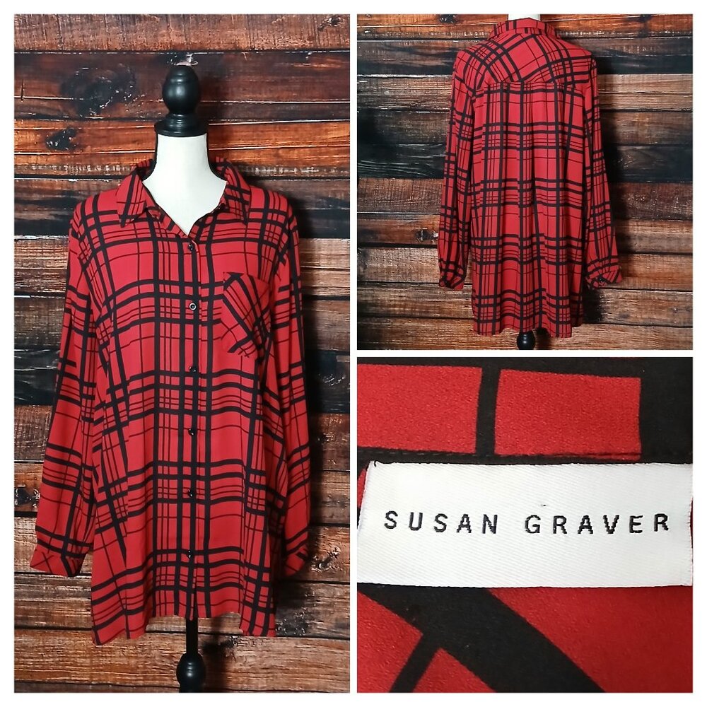 Susan Graver Top Blouse Plus Size 18W Red Black Plaid Button Front